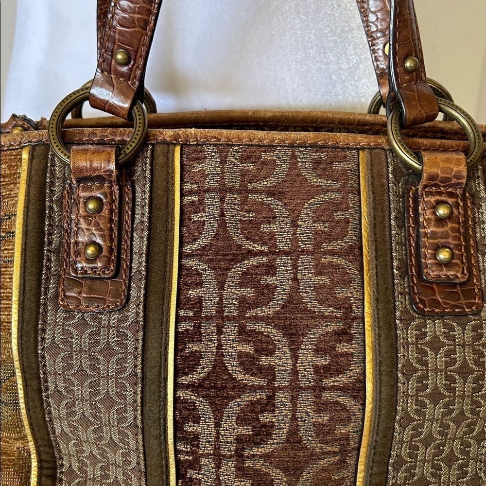 FOSSIL TAPESTRY THREE COMPARTMENT STYLE HANDBAG OR CROSSBODY CROCODILE BOTTOM